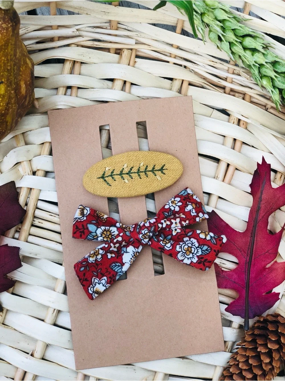 Handmade Fall Floral Bow & Embroidered Snap Clip Set